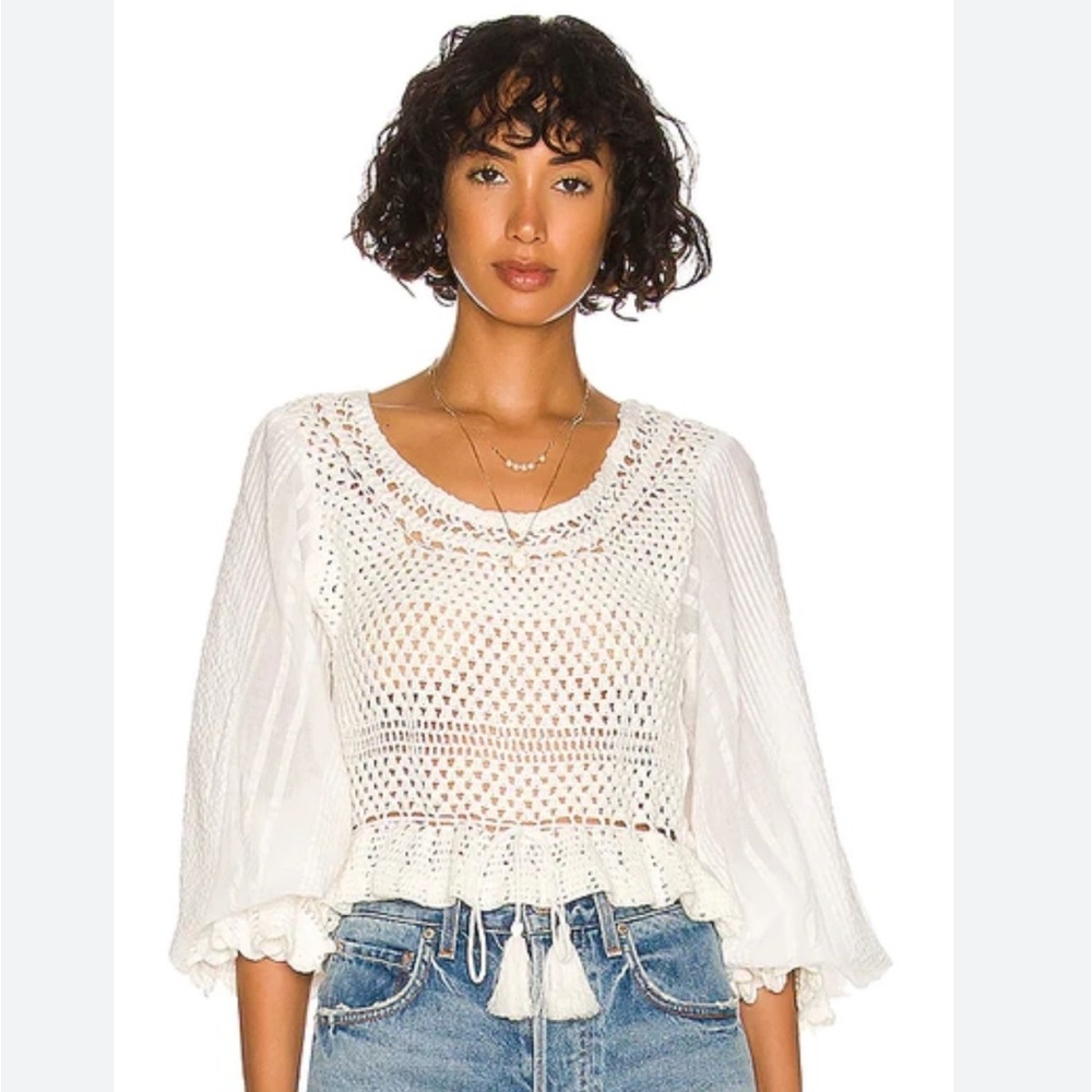NWT Free People $128 Megan Crochet Knit Open Back Key Hole Blouse Ivory Small